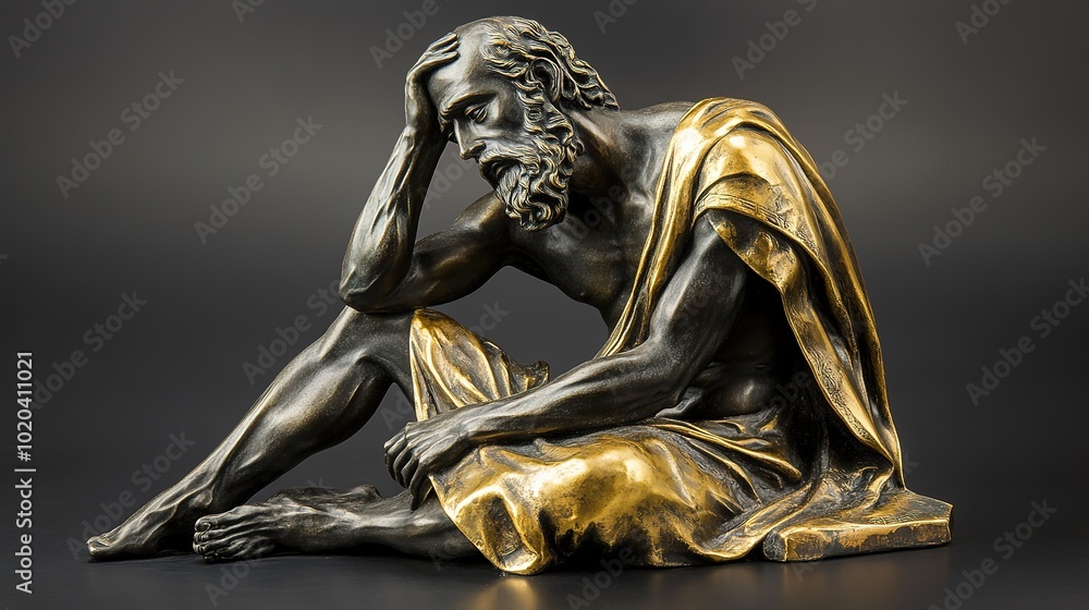 Obraz premium Striking Statue of a Stoic Philosopher in Elegant Gold and Black Finish, Capturing the Essence of Wisdom and Reflection, Perfect for Artistic and Philosophical Home Decor