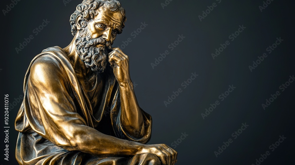 Obraz premium Striking Statue of a Stoic Philosopher in Elegant Gold and Black Finish, Capturing the Essence of Wisdom and Reflection, Perfect for Artistic and Philosophical Home Decor
