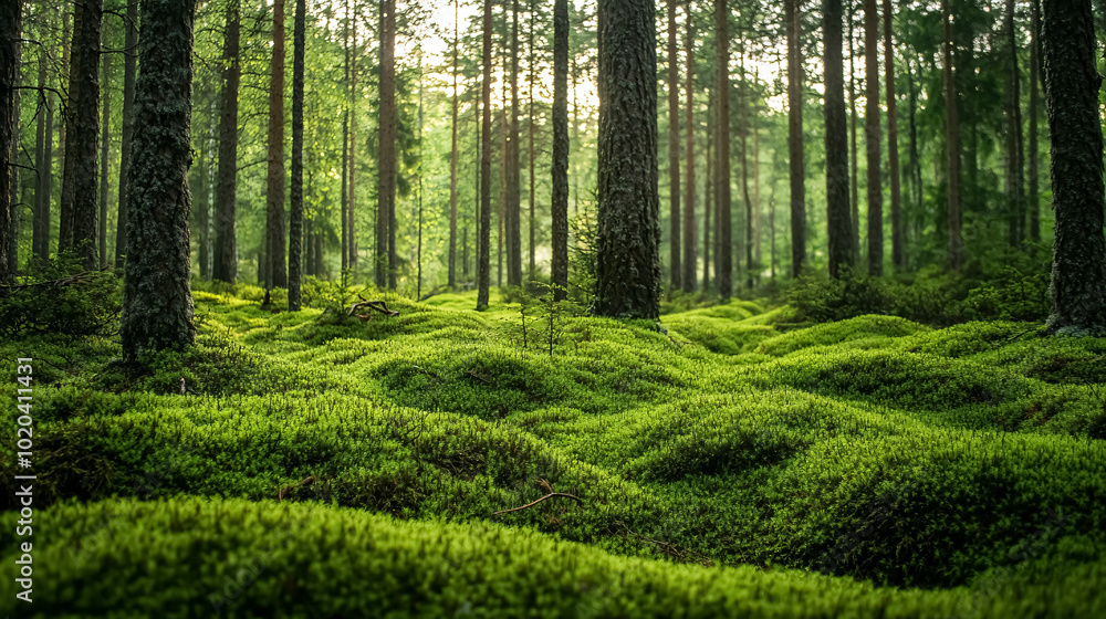 Beautiful and peaceful forest with green moss covering the forest floor. Beautiful and peaceful forest with green moss covering the forest floor.