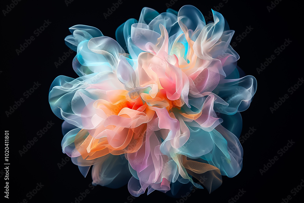 Obraz premium Soft, flowing layers of pastel hues merge and swirl together, forming a delicate, dreamlike flower that seems to float effortlessly in the dark, evoking a sense of tranquility and wonder