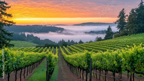 Wallpaper Mural Vineyard Rows at Sunrise with Foggy Valley Torontodigital.ca