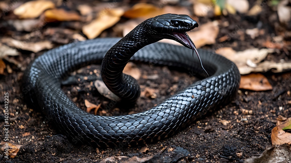 A black snake poised on the ground, showcasing its scales and flicking tongue. A black snake poised on the ground, showcasing its scales and flicking tongue.