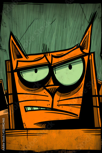 An abstract cartoonish portrait of an orange cat with exaggerated expressions and elements, depicting humor and whimsy in a modern illustrative style.