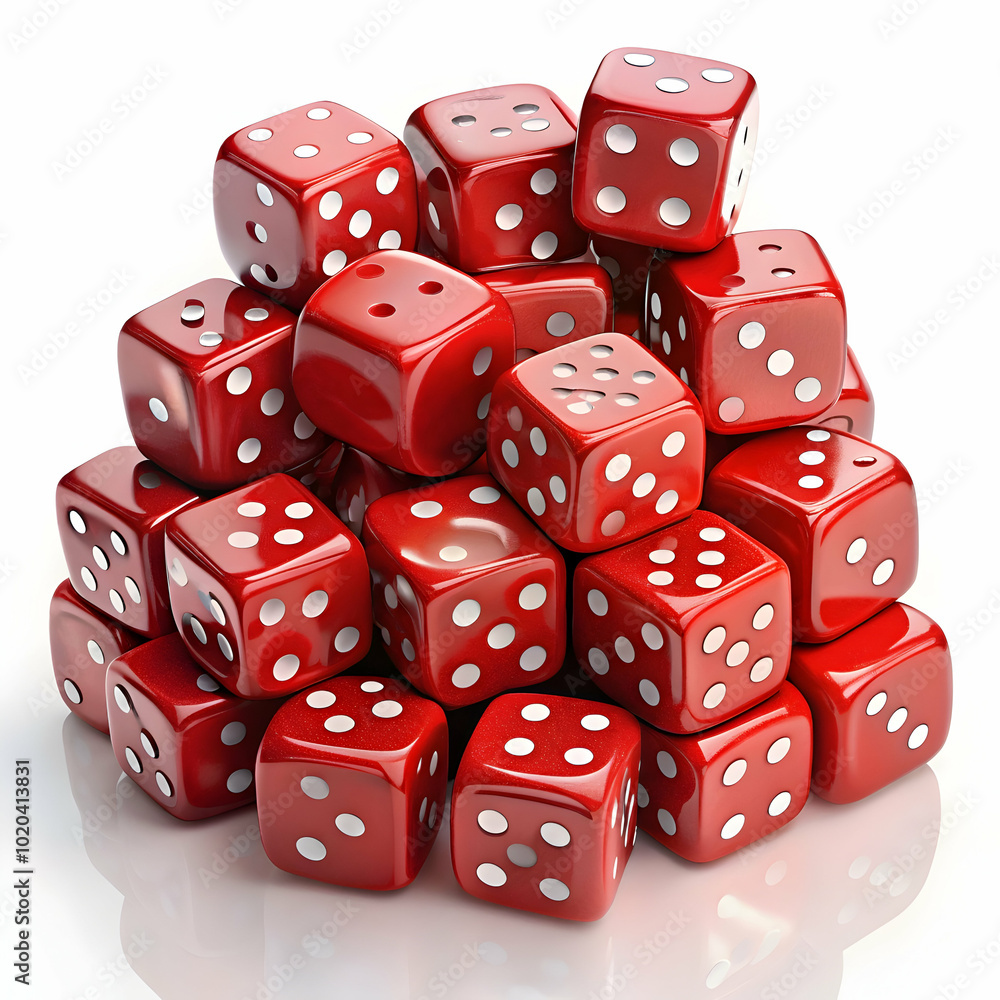 A pyramid of red dice stands tall against a white background. A pyramid of red dice stands tall against a white background.