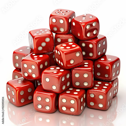 A pyramid of red dice stands tall against a white background.