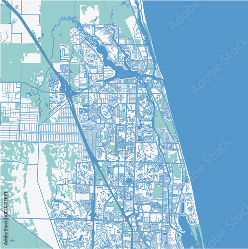 Map of Jupiter in Florida in a professional blue style. Contains layered vector with roads water, parks, etc.