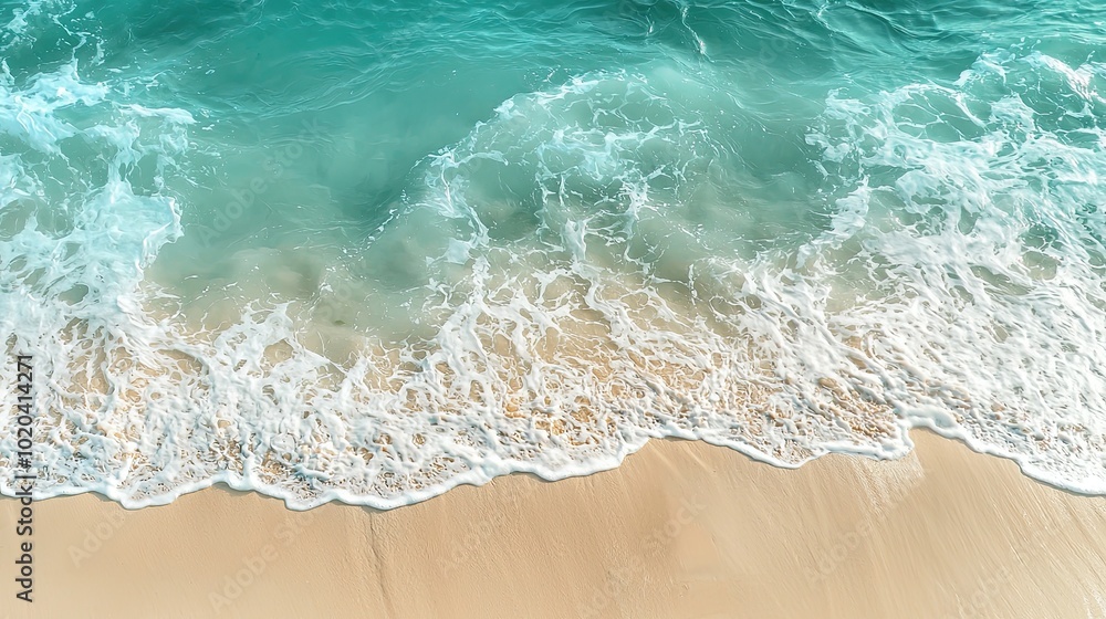 Aerial shot of turquoise ocean waves crashing onto a golden sandy beach, creating a serene and tropical coastal scene. Aerial shot of turquoise ocean waves crashing onto a golden sandy beach, creating a serene and tropical coastal scene.