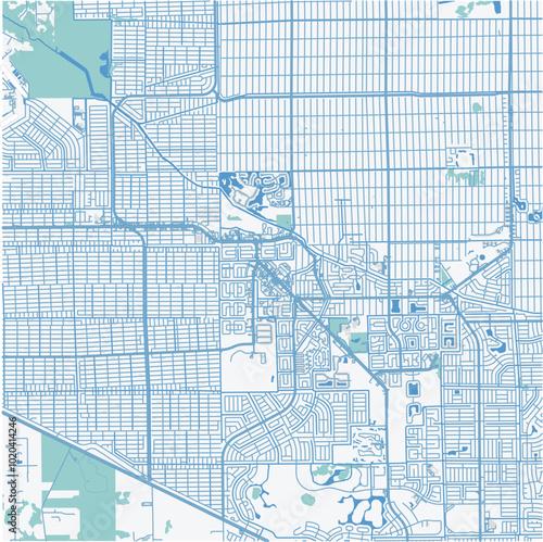 Map of Lehigh Acres in Florida in a professional blue style. Contains layered vector with roads water, parks, etc.