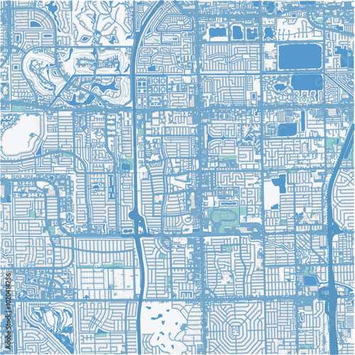 Map of Lauderhill in Florida in a professional blue style. Contains layered vector with roads water, parks, etc.