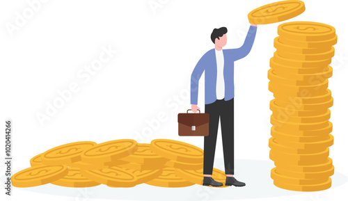 Businessman sitting on top of stacked gold coins

