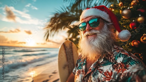 Realistic Santa Claus on a tropical beach, wearing a Hawaiian shirt and sunglasses, standing next to a decorated palm tree with Christmas ornaments, holding a surfboard,