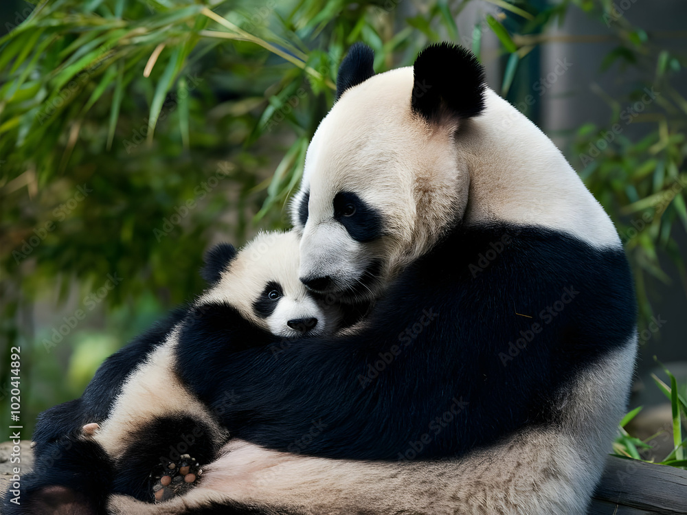 Fototapeta premium giant panda bear with baby panda mom panda mother son