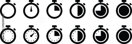 Timer, clock, stopwatch isolated set icons with different time. Countdown timer symbol icon set. Sport clock . Label cooking symbols. Stopwatch signs