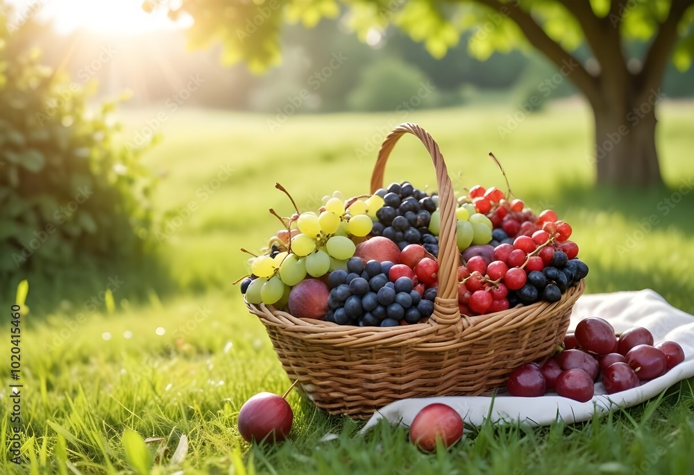 A wicker basket filled with various fresh berries including cherries, grapes, and figs , sitting in a grassy field with a blurred green background and sunlight filtering through A wicker basket filled with various fresh berries including cherries, grapes, and figs , sitting in a grassy field with a blurred green background and sunlight filtering through