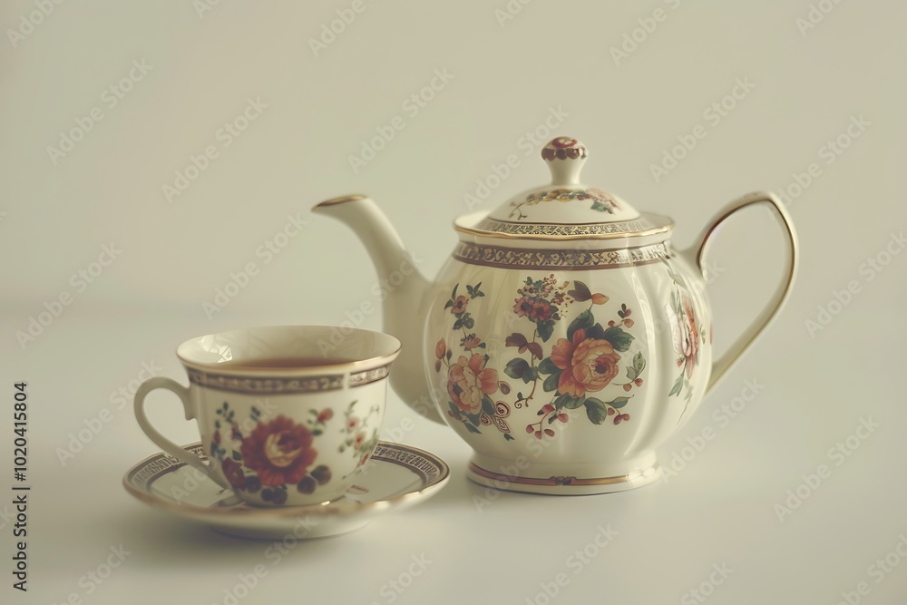 A delicate floral tea set featuring a teapot and cup, elegantly designed with intricate patterns and soft colors, perfect for afternoon tea.