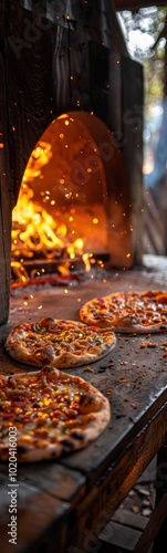 Pizzas cooking in a brick oven with flames coming out of it, food background, vertical background