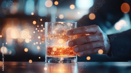 A glass of whiskey emitting glowing sparkles on a dimly lit table captures the essence of relaxation, warmth, and sophistication in a refined setting.