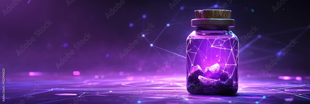 Glowing Purple Potion Jar With Abstract Lines, Connected Dots, and Triangles Depicting Magic Glowing Purple Potion Jar With Abstract Lines, Connected Dots, and Triangles Depicting Magic