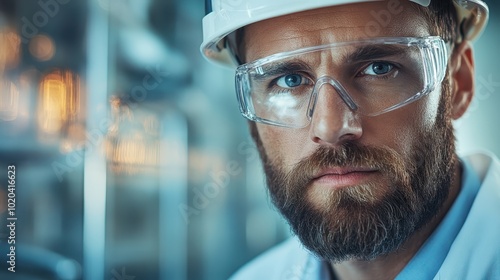 A bearded engineer wearing safety glasses and a hard hat is intensely focused on his work in an industrial setting, demonstrating dedication and precision.