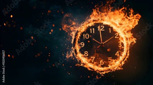 Clock on fire with copy space for a banner template, time is running out burning away concept