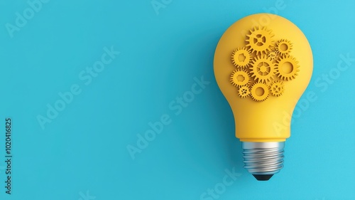 A 3D illustration of a lightbulb with intricate cogs turning inside, symbolizing innovation and ideas.