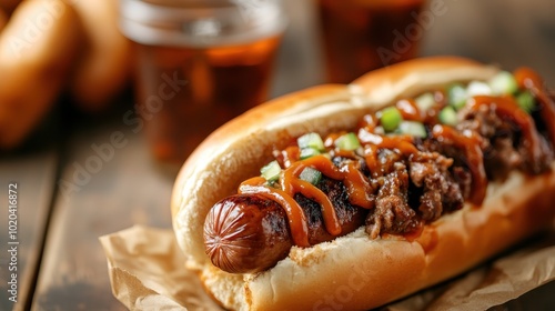 Wallpaper Mural A gourmet hotdog on a soft bun, lavishly topped with a rich savory meat sauce, garnished with chopped green onions, accompanied by two cold beverages. Torontodigital.ca