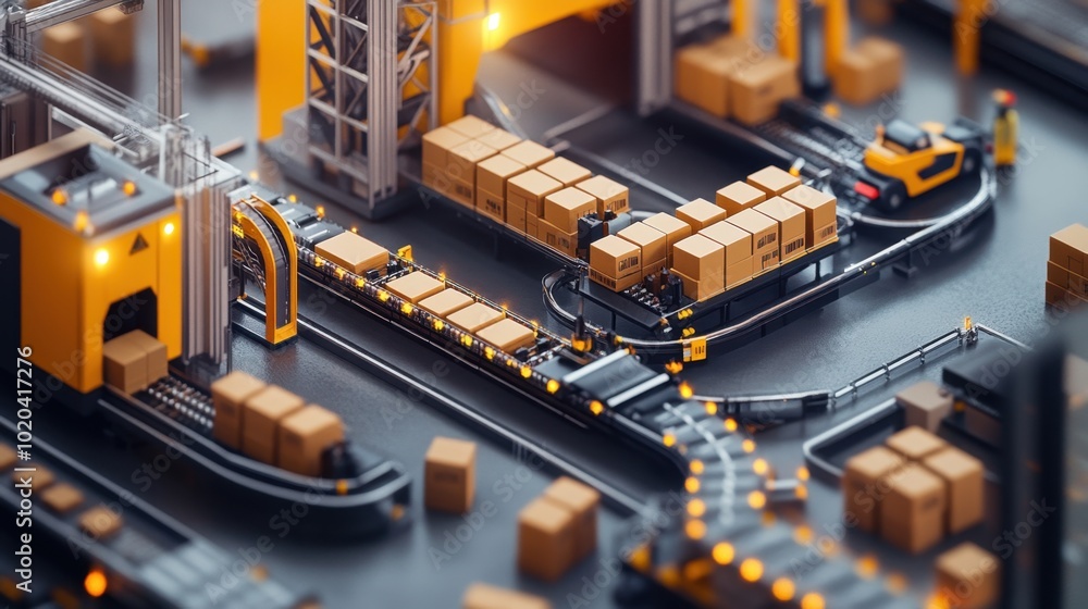 A busy factory scene with conveyor belts transporting boxes, highlighting the efficiency and organization of industrial shipping and logistics A busy factory scene with conveyor belts transporting boxes, highlighting the efficiency and organization of industrial shipping and logistics