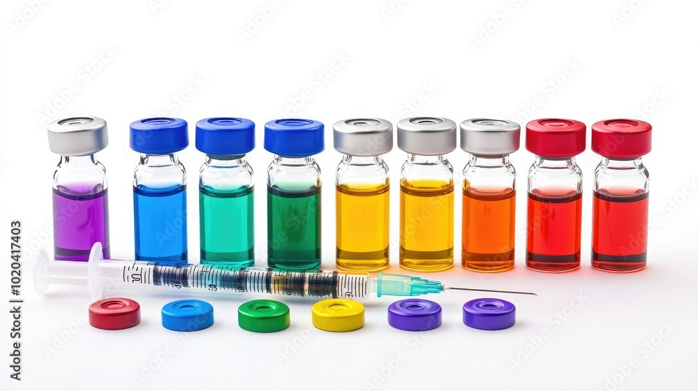 A collection of vials with colorful caps arranged around a syringe, all isolated on a crisp white background. A collection of vials with colorful caps arranged around a syringe, all isolated on a crisp white background.