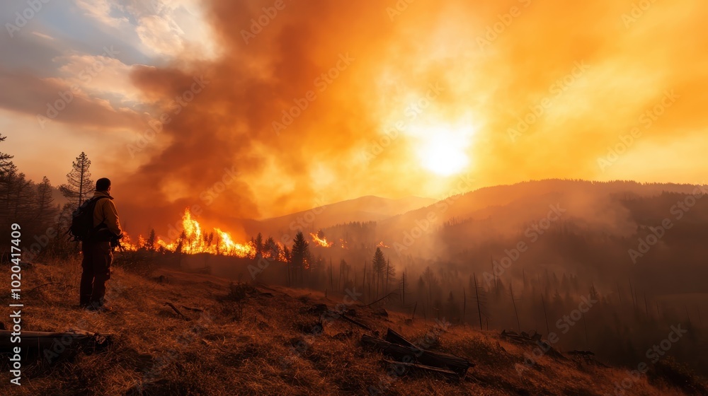 A lone man stands facing a vast wildfire spreading across the forest under a dramatic, smoke-filled orange sky, capturing an element of human confrontation with nature. A lone man stands facing a vast wildfire spreading across the forest under a dramatic, smoke-filled orange sky, capturing an element of human confrontation with nature.