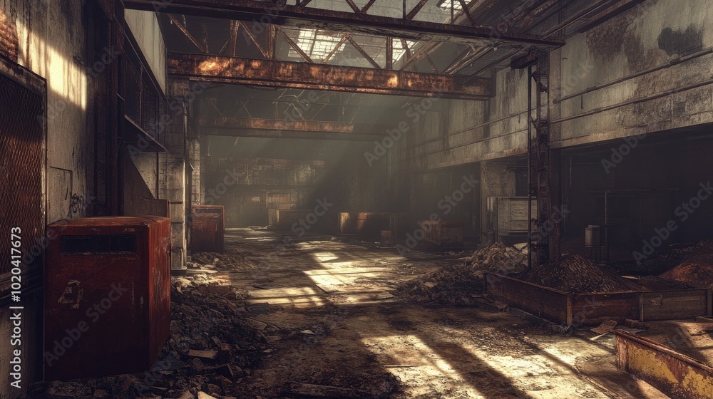 A desolate industrial space with scattered waste piles, rusted metal beams, and cracked concrete floors, evoking an eerie, forgotten atmosphere. A desolate industrial space with scattered waste piles, rusted metal beams, and cracked concrete floors, evoking an eerie, forgotten atmosphere.