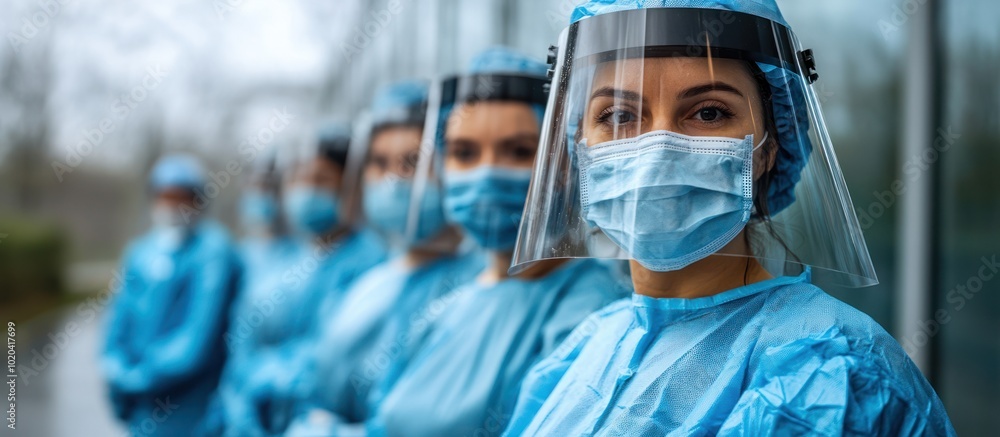 A group of healthcare workers in protective gear, including face masks and face shields, standing in a row. A group of healthcare workers in protective gear, including face masks and face shields, standing in a row.