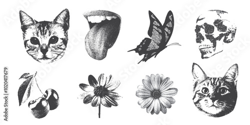 Dangerous retro elements with photocopy stipple effect for collage art. for grunge punk y2k collage design. Pop art style