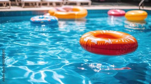 A family-friendly swimming pool with colorful pool floats and inflatable toys scattered across the water.