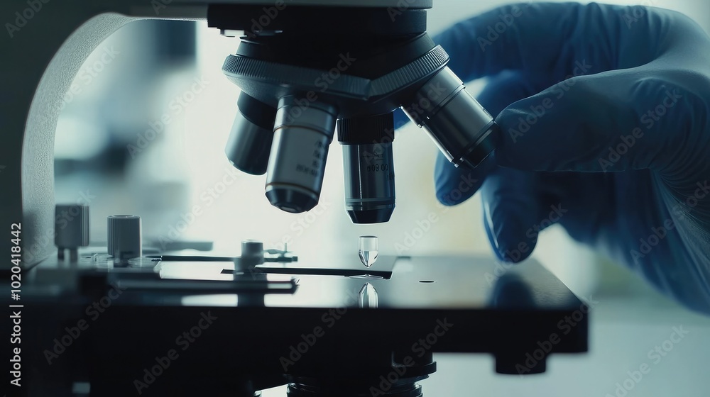 A lab technician's gloved hand placing a liquid drop under the microscope in a sterile lab environment. A lab technician's gloved hand placing a liquid drop under the microscope in a sterile lab environment.