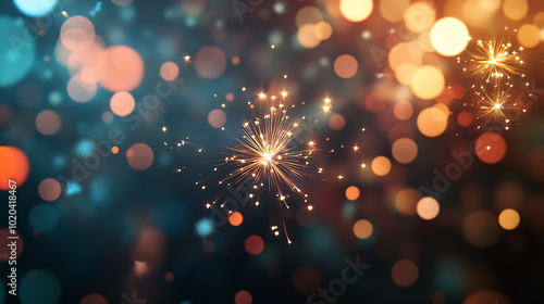Beautiful bright fireworks lighting up the night sky with a bokeh effect.