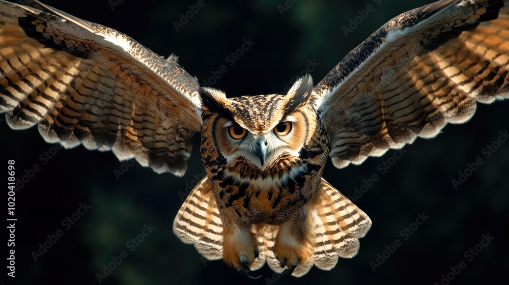 A majestic eagle owl in flight, its powerful wings spread and talons ready, captured on a dark black background. A majestic eagle owl in flight, its powerful wings spread and talons ready, captured on a dark black background.