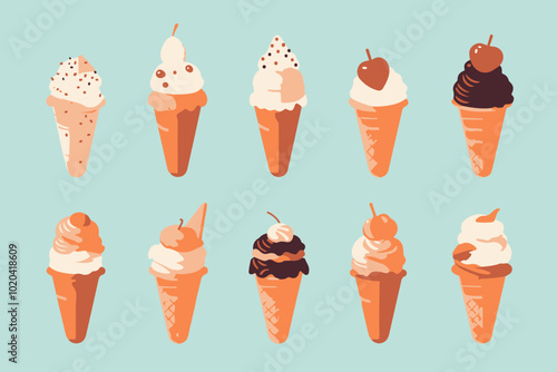 A vibrant display of ten distinct ice cream cones, each with unique toppings, set against a soft blue background