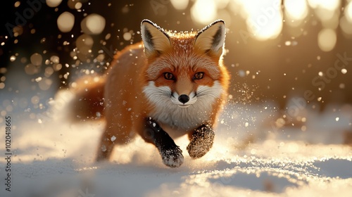 This scene captures a fox in motion, gracefully moving across the snow-covered ground, surrounded by a serene and enchanting forest, glowing in golden light.