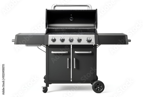 A black gas grill with four burners, a side shelf, and wheels for mobility