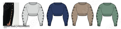 Women Sweater Top Button Up Sleeves Crop, production drawing, technical drawing / flat sketch /CAD / ADOBE Illustrator vector digital download