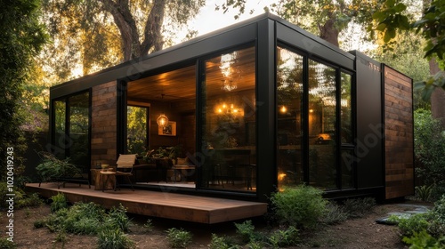 This image features a modern glass cabin nestled in a lush garden, showcasing contemporary design with nature integration, creating a serene, tranquil environment.