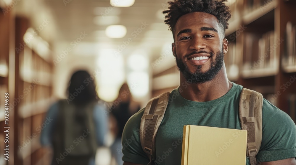 A joyful student with a beard and a neat hairstyle smiles broadly while standing in a spacious library, holding a yellow book and wearing a green shirt. A joyful student with a beard and a neat hairstyle smiles broadly while standing in a spacious library, holding a yellow book and wearing a green shirt.