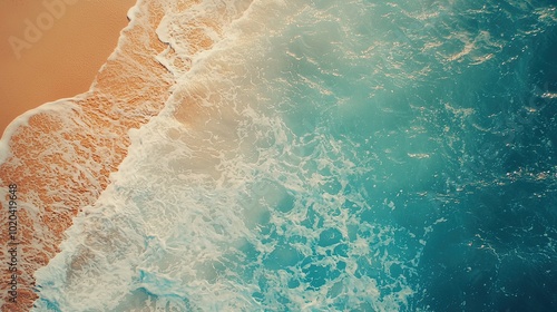 Aerial shot of turquoise ocean waves crashing onto a golden sandy beach, creating a serene and tropical coastal scene.