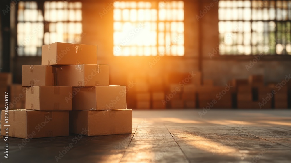 Obraz premium A warehouse scene where stacked parcels bathed in golden sunlight create a vibrant atmosphere, showcasing the essence of shipping and storing goods efficiently.