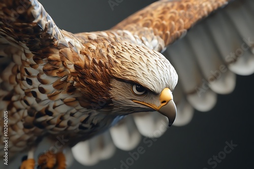 A detailed depiction of a soaring hawk showcasing its feathers and fierce expression. photo