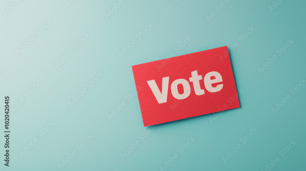 Vote is prominently displayed on vibrant red card against soothing turquoise background, emphasizing importance of civic engagement and participation in elections Vote is prominently displayed on vibrant red card against soothing turquoise background, emphasizing importance of civic engagement and participation in elections