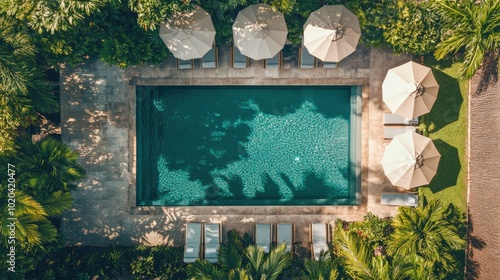 Aerial view of a backyard swimming pool surrounded by sun loungers, umbrellas, and decorative plants.