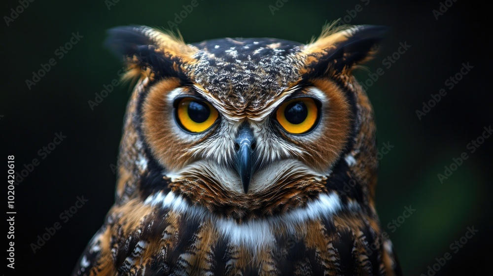 An owl looking directly at the camera, showcasing its detailed facial feathers and sharp beak, isolated on a black background.