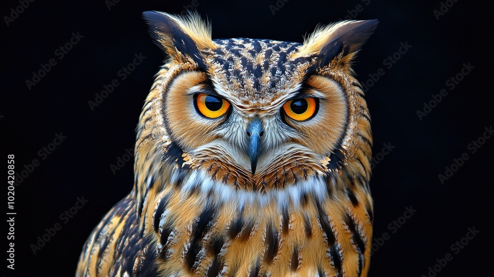 An owl looking directly at the camera, showcasing its detailed facial feathers and sharp beak, isolated on a black background. An owl looking directly at the camera, showcasing its detailed facial feathers and sharp beak, isolated on a black background.
