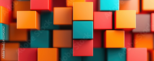 Colorful 3D cubes in vibrant shades of red, orange, and teal create dynamic abstract composition, evoking sense of creativity and modern design